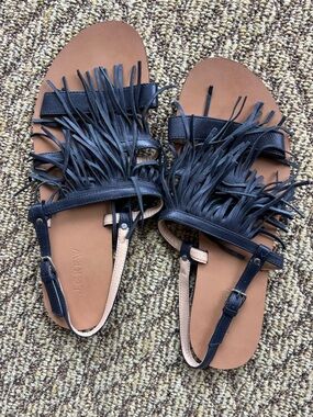 J. Crew Navy Fringe Tan Footbed Slingback Sandals